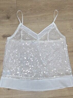 BCBGeneration Off White Sequin Sheer Cami Tank Top Party Holiday Glam Size Large